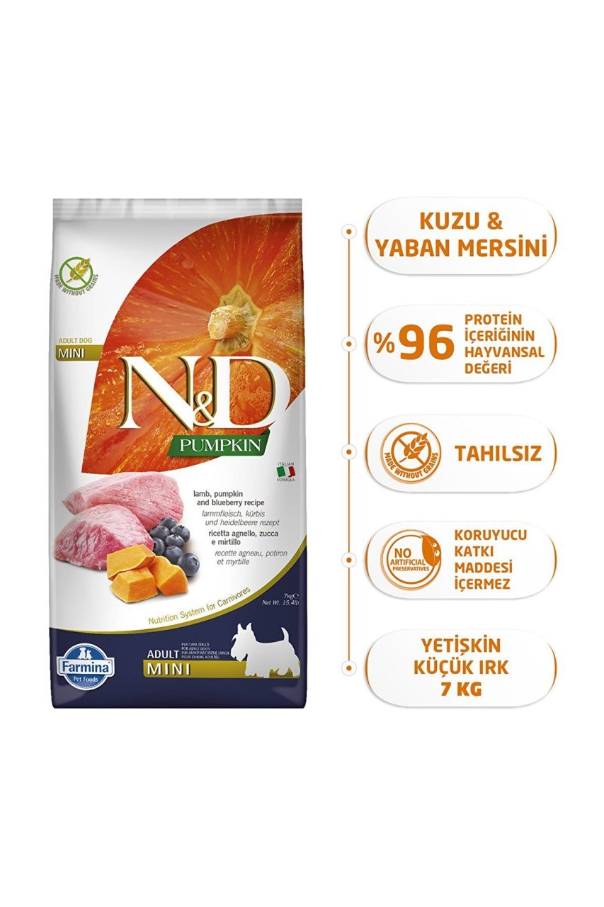 N&D Pumpkin Tahılsız Balkabaklı Kuzu Etli ve Yaban Mersinli 7 kg Küçük Irk Yetişkin Köpek Maması