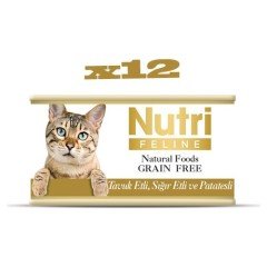 Nutri Feline Tahılsız Tavuklu & Sığır Etli & Patatesli Yaş Kedi Maması 85 gr x 12 Adet