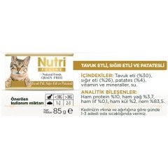 Nutri Feline Tahılsız Tavuklu & Sığır Etli & Patatesli Yaş Kedi Maması 85 gr x 12 Adet